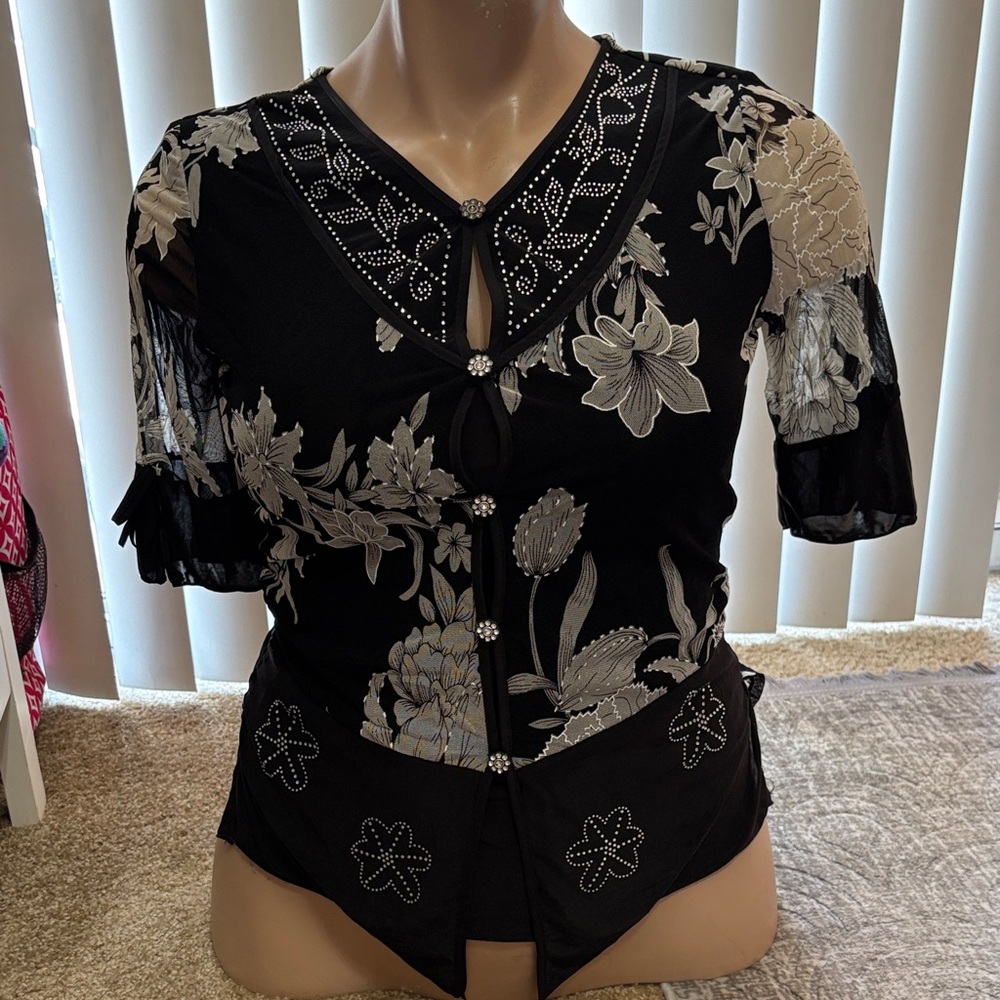Black Floral Rhinestone V-Neck Women's Blouse